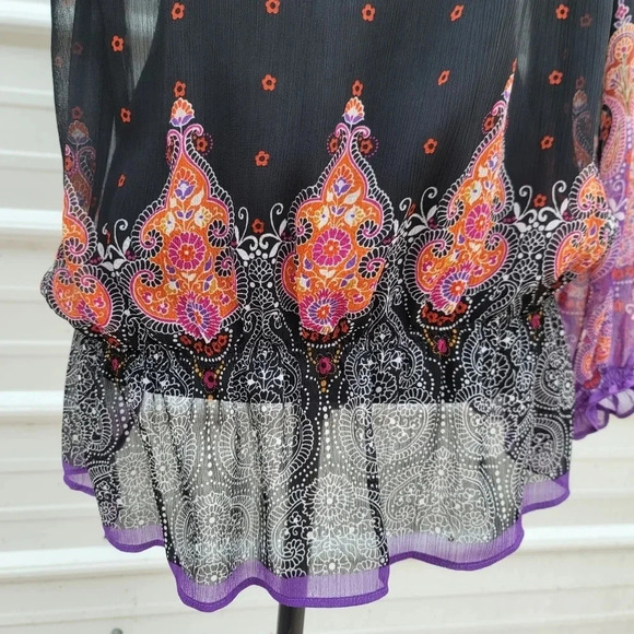 Sunny Leigh Women's Sheer Black Paisley Purple Orange Print Blouse Top Long Sz S - Picture 8 of 9